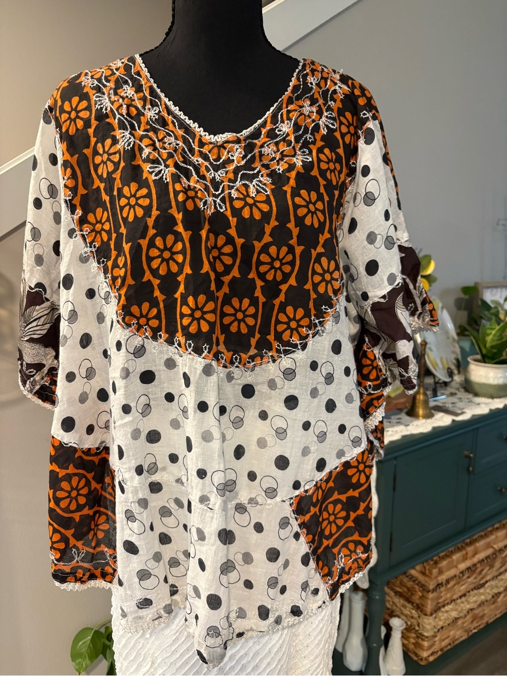 Boho Patchwork Tunic Top in Orange & Black Floral